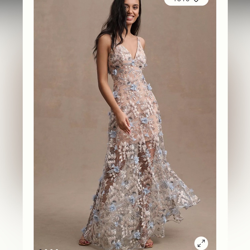 Dress the Population Nude Illusion Maxi Dress with Light Blue Floral Appliqués